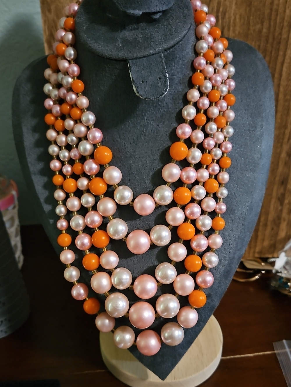 Vintage Multi-Strand Pink and Orange Pearl-Style Statement Necklace